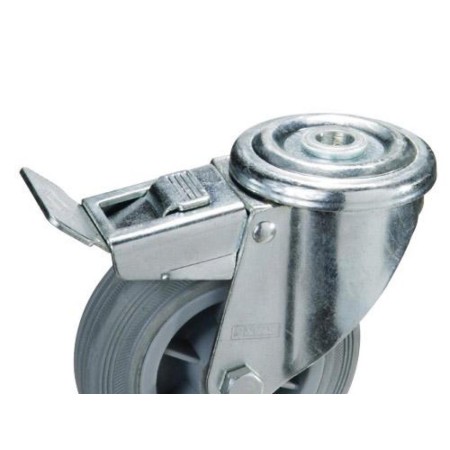 RUEDA INDUSTRIAL GOMA GRIS PASANTE CON FRENO100MM