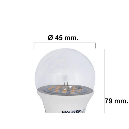 BOMBILLA LED ESFERICA TRANSPARENTE ROSCA E27 5 W. = 40 W.  470 LUMENES LUZ BLANCA