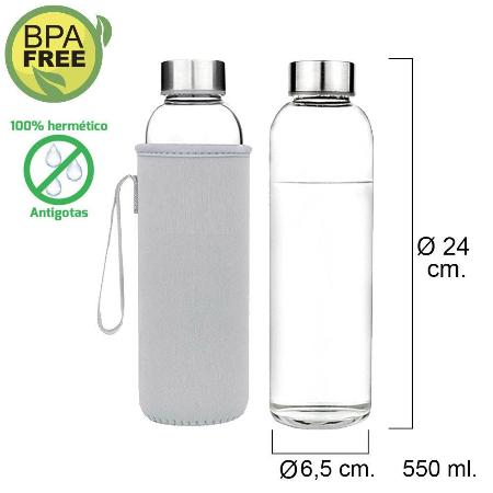Botella Agua Cristal 550 ml. Funda Neopreno con Asa. Sin BPA