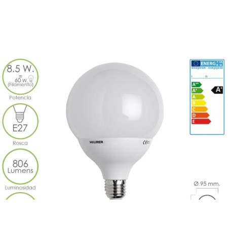 BOMBILLA LED GLOBO E27 8,5 W.  60 W.  LUZ FRIA 6500º K