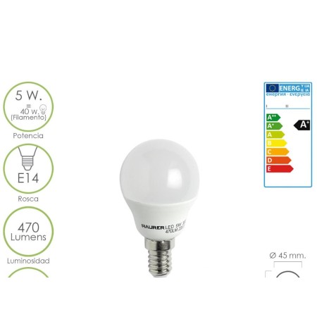 BOMBILLA LED ESFERICA REGULABLE ROSCA E14 5 W.  40 W.  470 LUMENES LUZ CÁLIDA