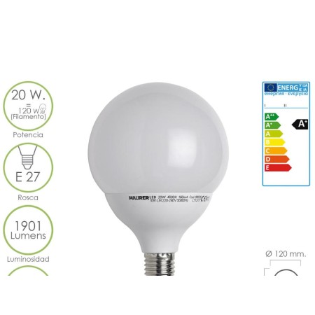 BOMBILLA LED GLOBO ROSCA E27 20 W.   120 W.   1901 LUMENES LUZ BLANCA  (4000 º K. )