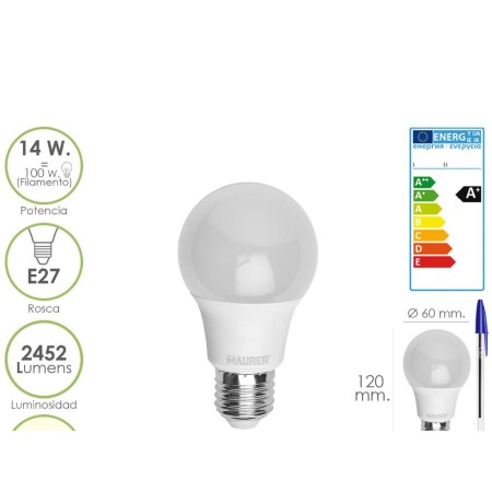BOMBILLA LED STANDAR ROSCA E27 (GORDA) 14 W. EQUIVALE A 100 W. 1521 LUMENES. LUZ BLANCA (4000º K) A+