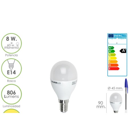 BOMBILLA LED GLOBO MINI ROSCA E14 (FINA). 8 WATT. EQUIVALE A 60 WATT. 806 LUMENES. LUZ CÁLIDA (3000º K.) A+
