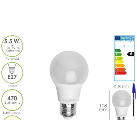 BOMBILLA LED STANDAR ROSCA E27 (GORDA) 5,5 WATT. EQUIVALE A 40 WATT.470 LUMENES. LUZ BLANCA (4000º K) A+.