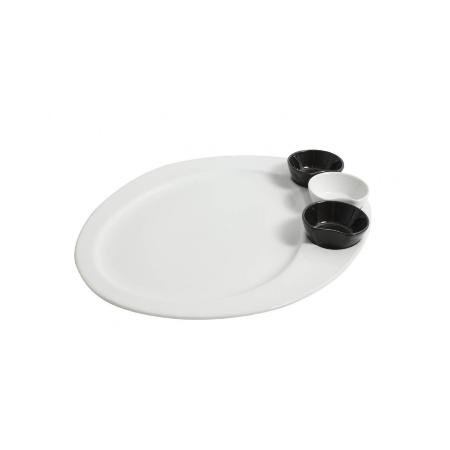 PLATO 2 SALSERAS NEGRAS CON 1 SALSERA BLANCA PORCELANA