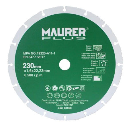DISCO DE CORTE PARA MADERA Y PLASTICOS Ø 230 X 1,6 MM.