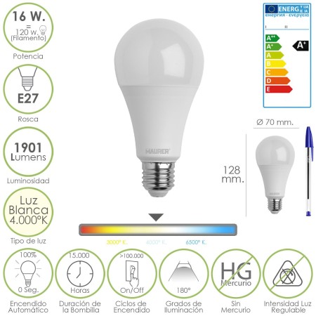 BOMBILLA LED STANDAR ROSCA E27 (GORDA) 16 WATT. EQUIVALE A 120 WATT. 1901 LUMENES. LUZ BLANCA (4.000º K) A+