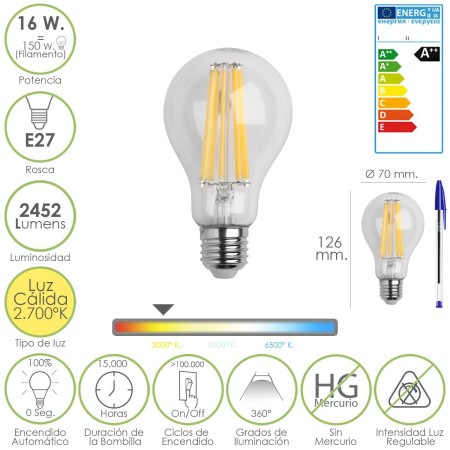 BOMBILLA LED FILAMENTO ROSCA E27 (GORDA) 16 WATT. EQUIVALE A 150 WATT. 2452 LUMENES. LUZ CÁLIDA (2.700º K) A++
