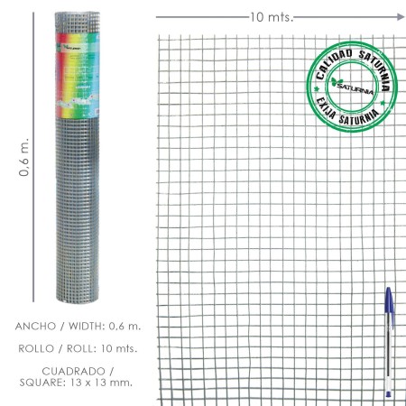MALLA ELECTROSOLDADA LIGERA GALVANIZADA 13X13 ALTO 60 CM. ROLLO 10 METROS USO DOMESTICO