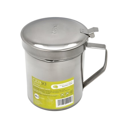 GRASERA ACERO INOXIDABLE PARA CARNE, ACEITERA ACEITE USADO 0,5 LTS. CON COLADOR Y TAPA, RECIPIENTE RECICLAJE ACEITE