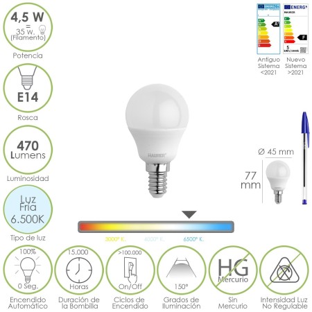 BOMBILLA LED ESFERICA ROSCA E14 4.5 WATT. EQUIVALE A 35 WATT. 470 LUMENES. LUZ FRIA (6500º K)