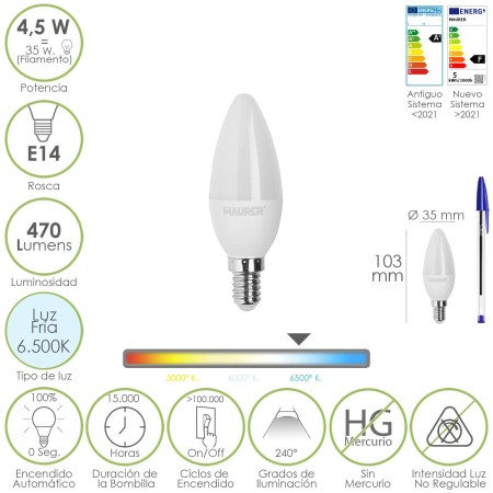 BOMBILLA LED VELA ROSCA E14. 4,5 WATT. EQUIVALE A 35 WATT. 470 LUMENES. LUZ FIRA (6500º K.)