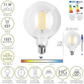 BOMBILLA LED FILAMENTO GLOBO E27. 11 WATT. EQUIVALE A 100 WATT. 1521 LUMENES. LUZ NEUTRA 4000º K.