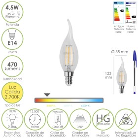 BOMBILLA LED FILAMENTO VELA LLAMA E14. 4,5 WATT. EQUIVALE A 35 WATT. 470 LUMENES. LUZ CALIDA 2700º K.