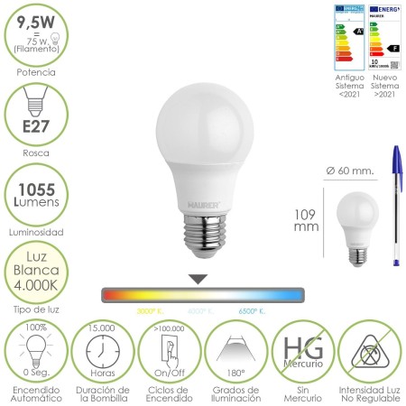 BOMBILLA LED ESTANDAR ROSCA E27. 9.5 WATT. EQUIVALE A 75 WATT. 1055 LUMENES. LUZ NEUTRA (4000º K.)