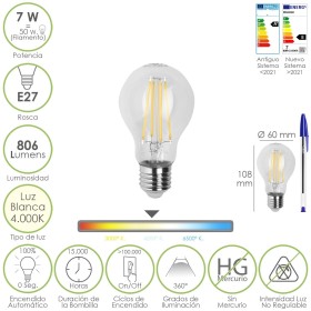 BOMBILLA LED FILAMENTO STANDAR ROSCA E27. 7 WATT. EQUIVALE A 50 WATT. 806 LUMENES. LUZ NEUTRA 4000º K.