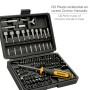 JUEGO PUNTAS CON DESTORNILLADOR 1/4 122 PZS. CON APADTADOR. CROMO VANADIO, KIT LLAVE COMBINADA, KIT CARRACA,