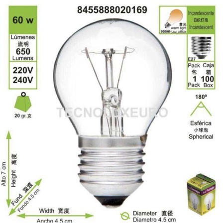 TECNOLUX LAMPARA BOMBILLA INCANDESCENCIA ESFERICA CLARA E27 60W