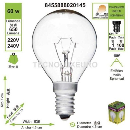 LAMPARA BOMBILLA ESFERICA CLARA E14 60W