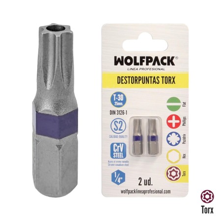 PUNTAS DESTORNILLADOR TORX 30 INVIOLABLE (2 PIEZAS). ACERO S2 AL CROMO VANADIO. PUNTAS HEXAGONALES, DESTORPUNTAS,