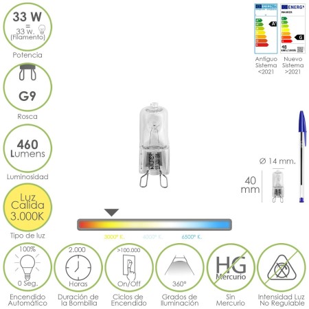 BOMBILLA HALOGENA G-9 33 W. 460 LUMENES. LUZ CÁLIDA (3.000ºK)