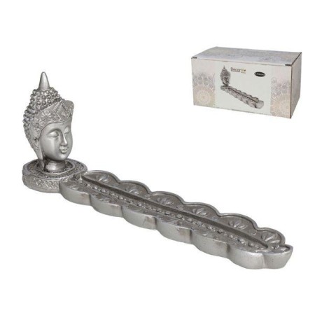 BANDEJA INCIENSO PLATEADA ORIENT 21X4 CMS RESINA CABEZA BUDA