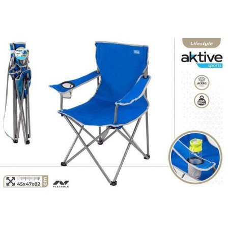 SILLA CAMPING PLEGABLE REFORZADA COLOR AZUL 45X47X82 CMS ACERO CON POSABOTELLAS  MAX 130 KGS