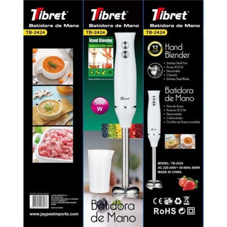 BATIDORA DE MANO 500 WATIOS,DESMONTABLE,2 VELOCIDADES,CUCHILLA INOX,TRIBET TB-2424
