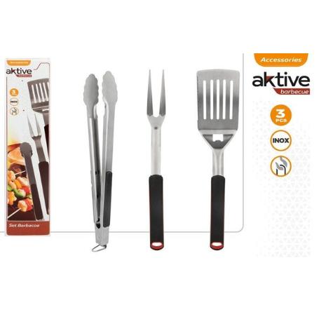 JUEGO 3 UTENSILIOS PARA BARBACOA, ACERO INOXIDABLE CON MANGO NEGRO ANTIDESLIZANTE AKTIVE