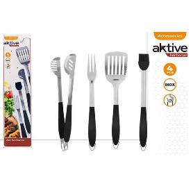JUEGO 4 UTENSILIOS PARA BARBACOA, ACERO INOXIDABLE CON MANGO NEGRO ANTIDESLIZANTE AKTIVE