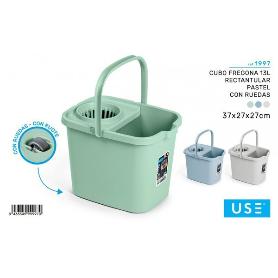 CUBO FREGONA RECTANGULAR CON RUEDAS Y ESCURRIDOR 13 LTS COLOR PASTEL 37X27X27 CMS MARCA USE