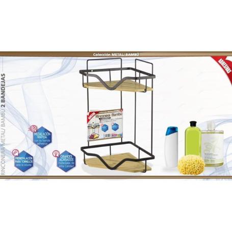 ESTANTERIA RINCONERA METAL NEGRO Y BAMBU PARA BAÑO, INSTALACION RÀPIDA CON BANDA ADHESIVA